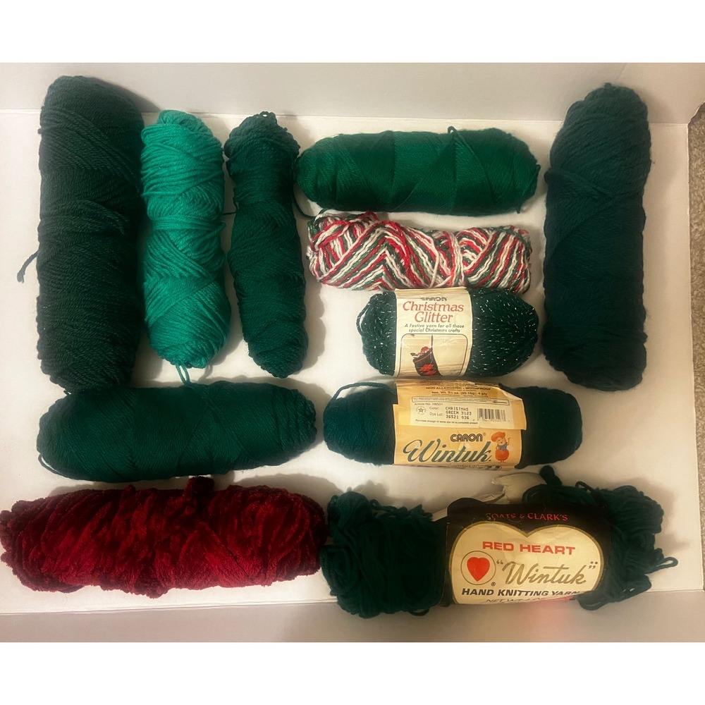 Caron & Red Heart Vintage Christmas Yarn Set 11 Skein Green Red Burgundy Glitter